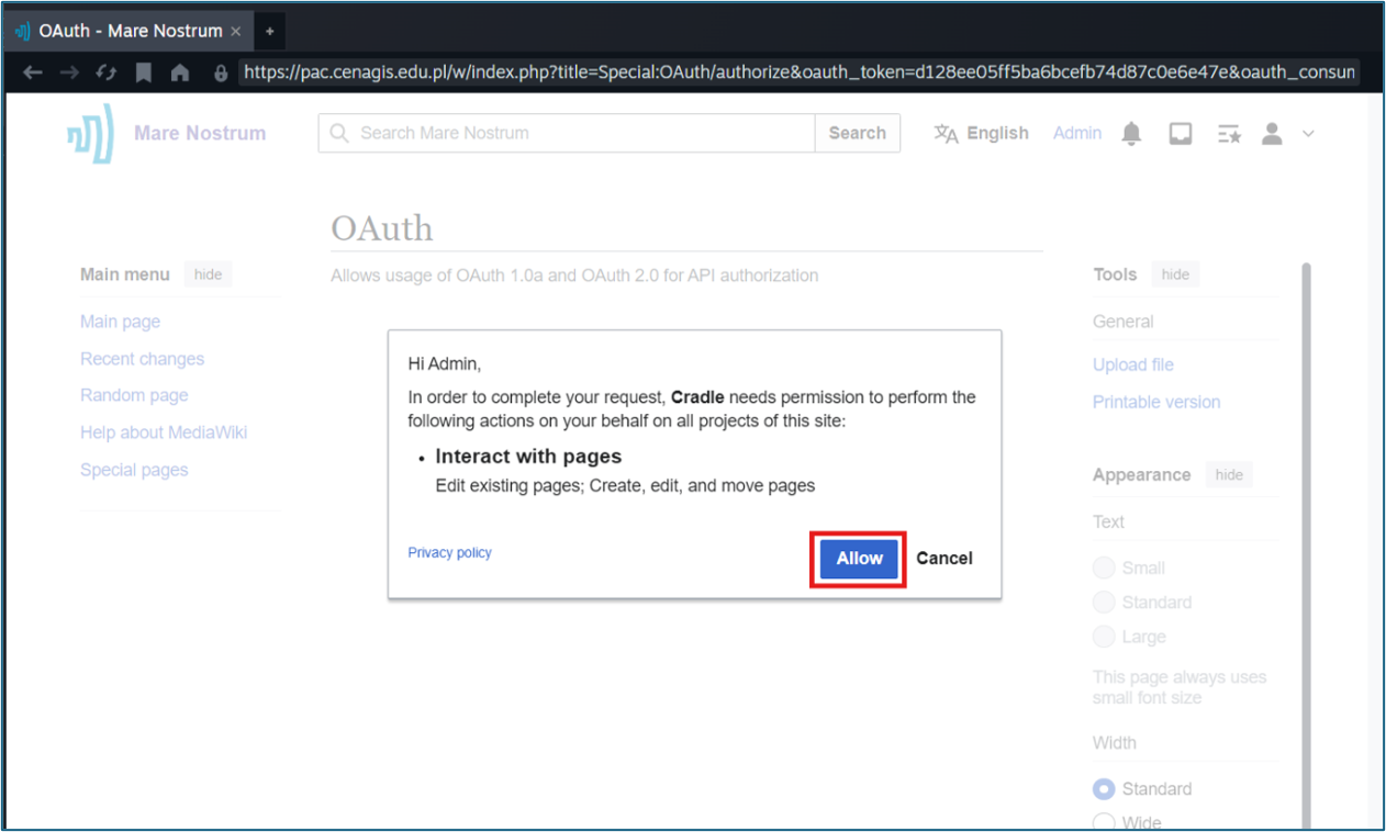 OAuth authorization page with Allow button