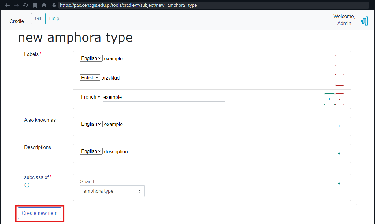 Completed form with Create new item button visible