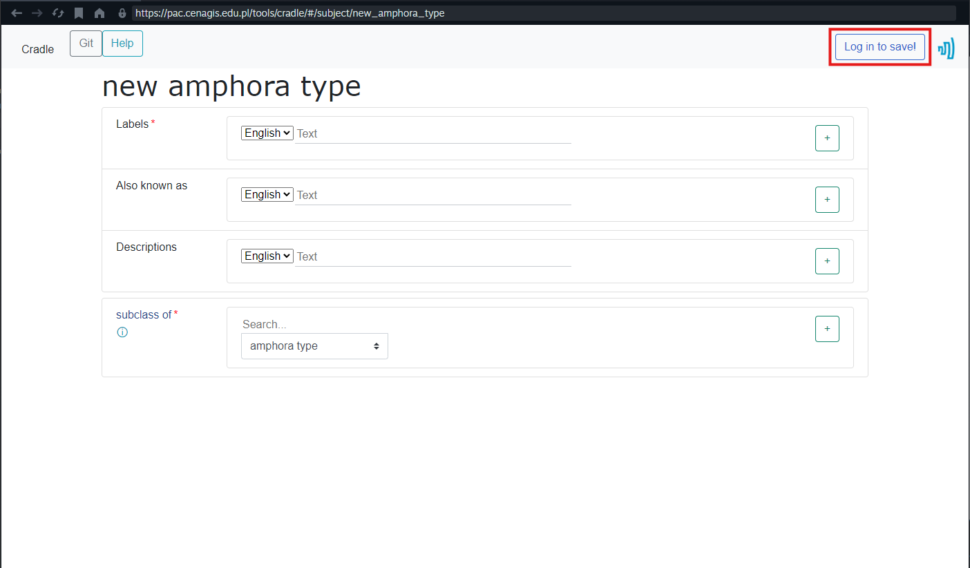 Cradle form with Log in to save highlighted