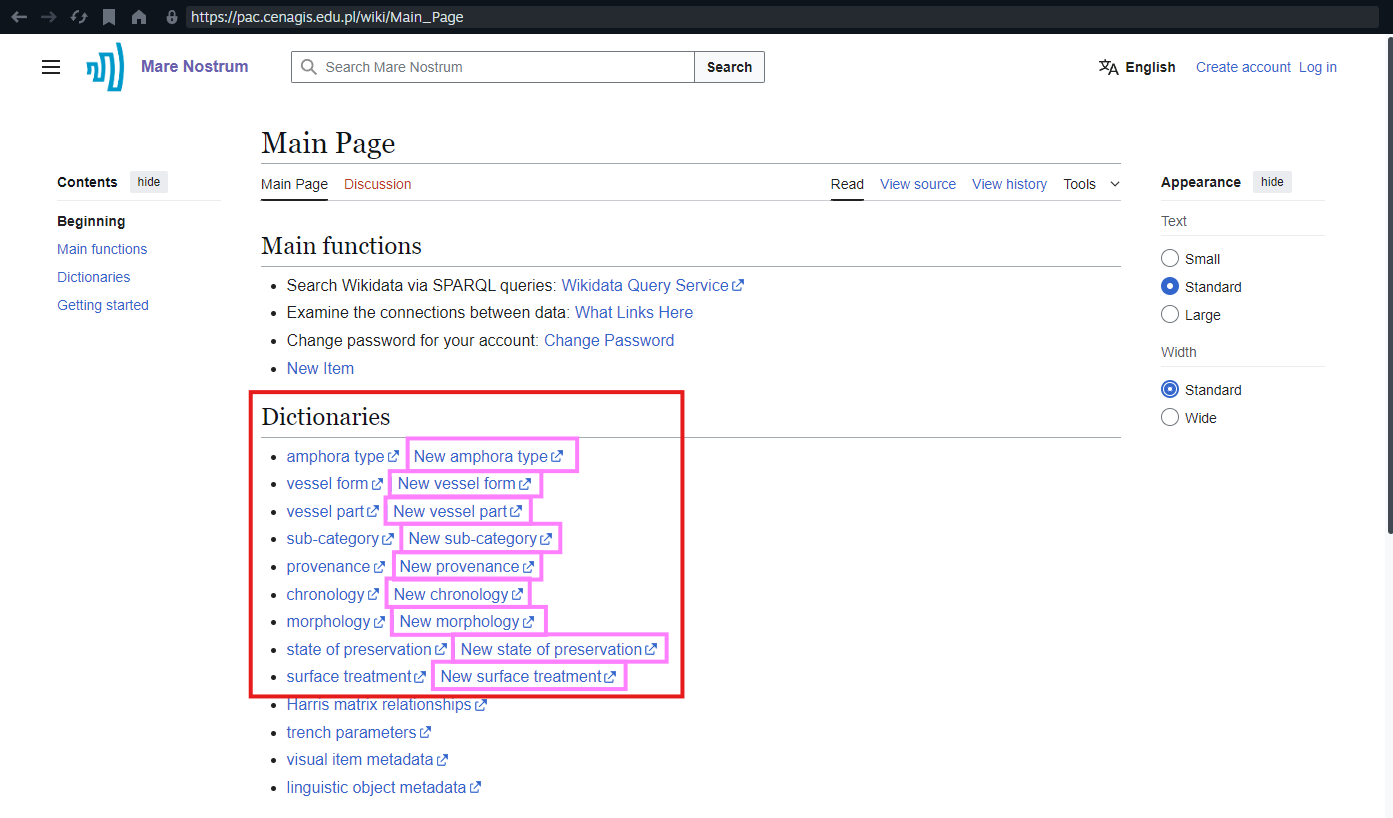 Main Page Dictionaries section with New form links