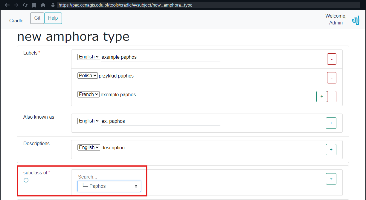 Form configured so the new item is a subtype of another dictionary item